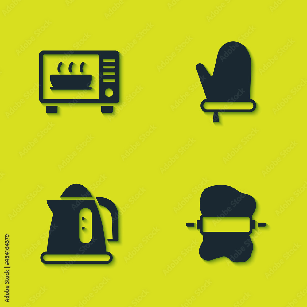 Set Microwave oven, Rolling pin on dough, Electric kettle and Oven glove icon. Vector Set Microwave oven, Rolling pin on dough, Electric kettle and Oven glove icon. Vector