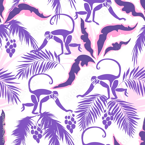 Tropic print with blue monkey. Seamless vector summer background with palm leaves. 