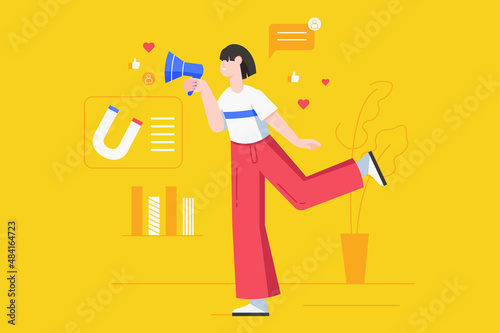 Marketing and advertisement modern flat concept. Woman with megaphone announces and attract clients. E-commerce and business promotion. Vector illustration with people scene for web banner design