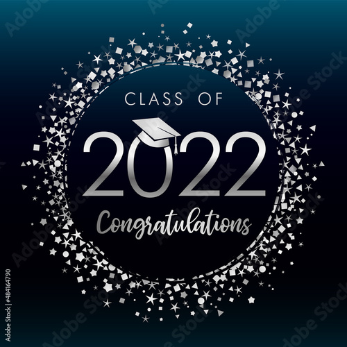 2022 graduates silver glitter confetti label on darck blue background. Graduation class of 2022 vector image with square academic cap for congratulation ceremony