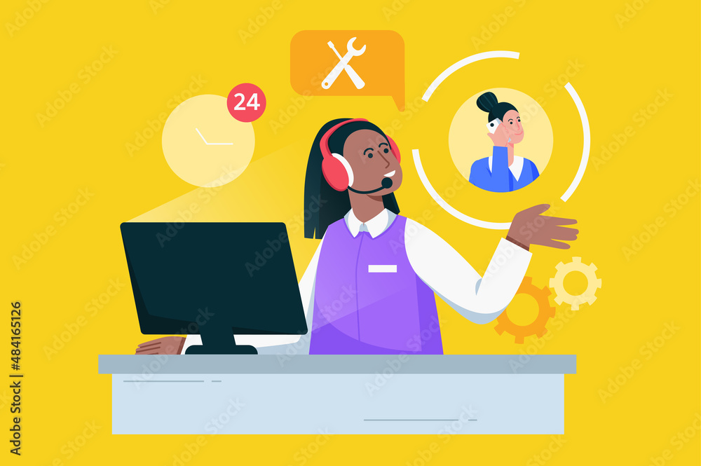 Call center and customer support modern flat concept. Woman operator in headphones works on hotline, advises clients on phone around clock. Vector illustration with people scene for web banner design Call center and customer support modern flat concept. Woman operator in headphones works on hotline, advises clients on phone around clock. Vector illustration with people scene for web banner design