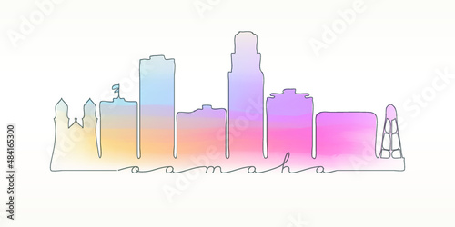 Omaha, NE, USA Skyline Watercolor City Illustration. Famous Buildings Silhouette Hand Drawn Doodle Art. Vector Landmark Sketch Drawing.