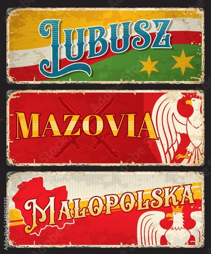 Lubusz, Mazovia, Malopolska polish voivodeship plates and stickers. Vector vintage travel banners with Poland touristic landmarks, territory map, flag, heraldic eagles, stars and swords aged signs photo