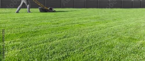 Spring season sunny lawn mowing in the garden. Lawn blur with soft light for background.