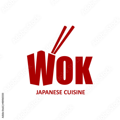 Wok box icon, Chinese and Japanese cuisine wok and sticks. Vector red and white colored symbol for asian restaurant with traditional bamboo chopsticks, isolated icon
