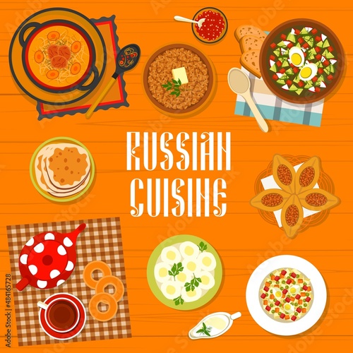 Russian cuisine menu cover, food dishes of Russia and restaurant meals, vector. Russian cuisine lunch and dinner menu for cabbage soup shchi, okroshka vegetable soup and blini pancakes