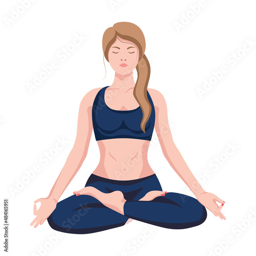 Woman crossed her legs for meditation in the yoga lotus position. Practice meditation. Zen and harmony concept. Colored flat vector illustration isolated on white background.