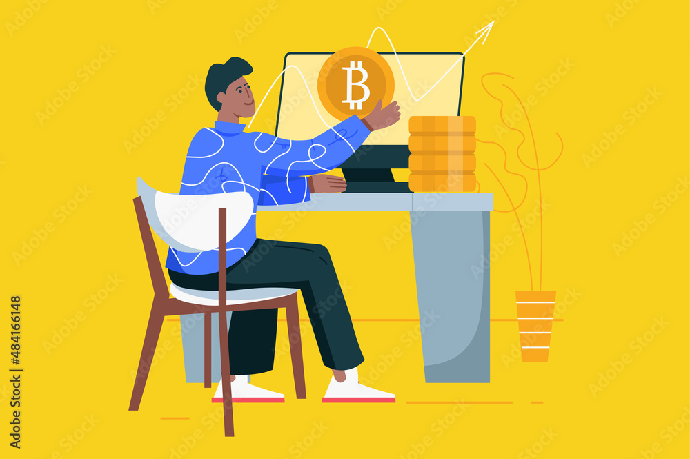 Cryptocurrency and crypto mining modern flat concept. Man is engaged in crypto business and works on computer, increases profit on account. Vector illustration with people scene for web banner design