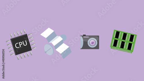 Set illustrazioni vettoriali macchina fotografica cpu ram computer componenti hardware scheda grafica memoria digitale tecnologia antenna satellite comunicazione scheda madre 
