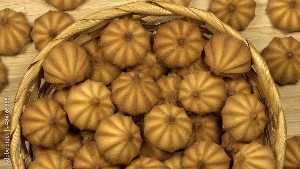 Sweet cookies in a basket, rotation background. Loop motion Sweet cookies in a basket, rotation background. Loop motion