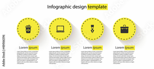 Set Coffee cup to go, Laptop, Fountain pen nib and Briefcase. Business infographic template. Vector