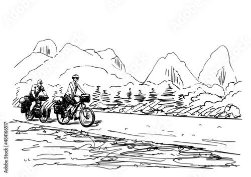 Vector sketch of long distance cycling couple riding on background of karst mountain landscape, Adventure and vacations concept, Hand drawn illustration