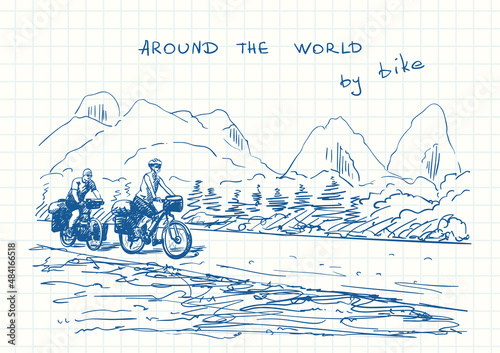 Travel sketchbook, Long distance cycling couple riding on background of karst mountain landscape, Adventure and vacations concept, Blue pen sketch, Hand drawn vector illustration