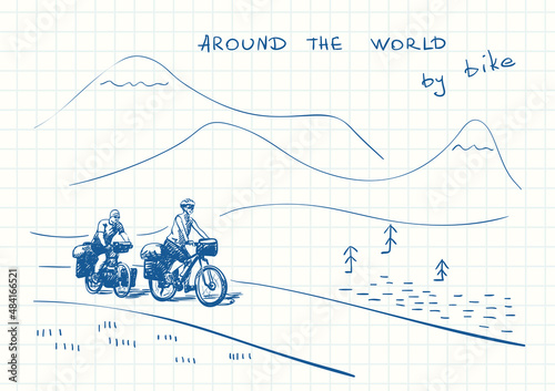 Travel sketchbook, Long distance cycling couple riding on cartoon mountain landscape background, Adventure and vacations concept, Blue pen sketch, Hand drawn vector illustration