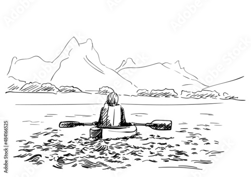 Sketch of female kayaker view from behind kayaking in shallow water with mountains on background, Hand drawn Vector illustration