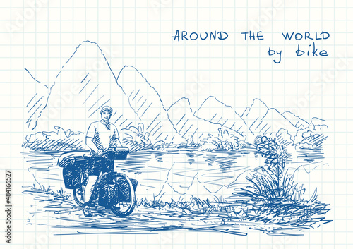 Travel sketchbook, Long distance cyclist travel around the world by bicycle on background of karst mountain landscape, Blue pen sketch, Hand drawn vector illustration