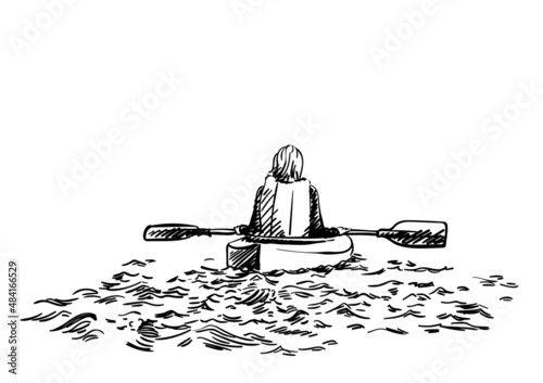 Sketch of kayaking woman view from behind, Hand drawn Vector illustration isolated