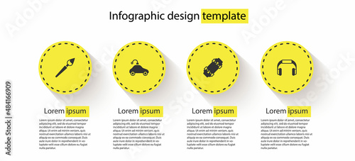 Set Paint brush, Radio controlled car toy, Skateboard and Headphones. Business infographic template. Vector