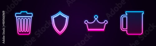 Set line Trash can, Shield, Crown and Coffee cup. Glowing neon icon. Vector