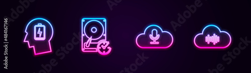 Set line Head with low battery, Hard disk drive clockwise, Music streaming service and . Glowing neon icon. Vector