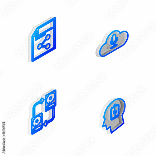 Set Isometric line Music streaming service, Share file, Data exchange with hhd and Head low battery icon. Vector photo