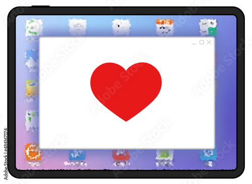 Cartoon tablet isolated on white background, pop up window with red heart notification icon on display. Hands use tablet mockup. Horizontal banner push vector Illustration new like reaction 