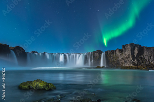 Godafoss waterfall in northern lights photo