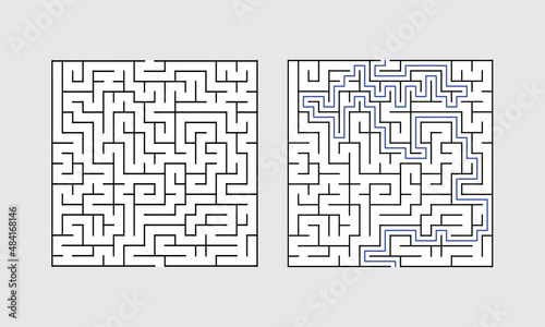 Abstract Square Maze With Solution For Adult Man And Woman. Find the Way Out to the Gift. Game For Children. Puzzle for Kids And Adult. Labyrinth Conundrum. Maze With Answer.
