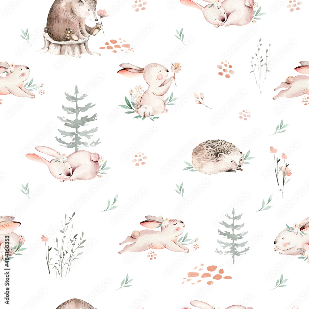 Fototapeta Watercolor Woodland animals seamless pattern. Fabric wallpaper , hedgehog, fox and butterfly, Bunny rabbit set of forest squirrel and chipmunk, bear and bird baby animal, Scandinavian