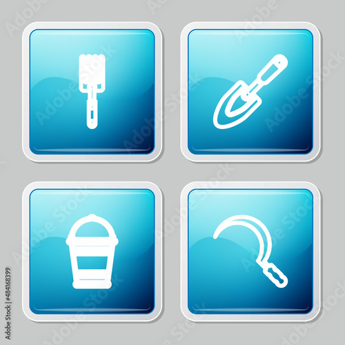 Set line Garden fork, trowel spade shovel, Bucket and Sickle icon. Vector