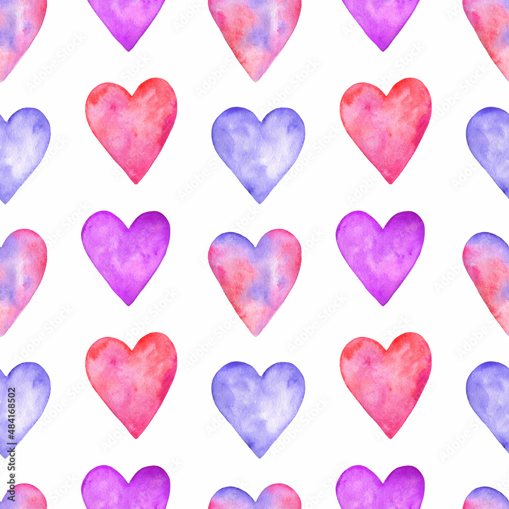 Seamless watercolor pattern with colorful hearts.Red,blue and violet hearts isolated on white background.For birthday,valentine's day.
