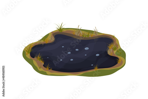 Dirty mud puddle, swamp with stone, grass in cartoon style isolated on white background. Natural wet soil, forest pond, lake clip art. 