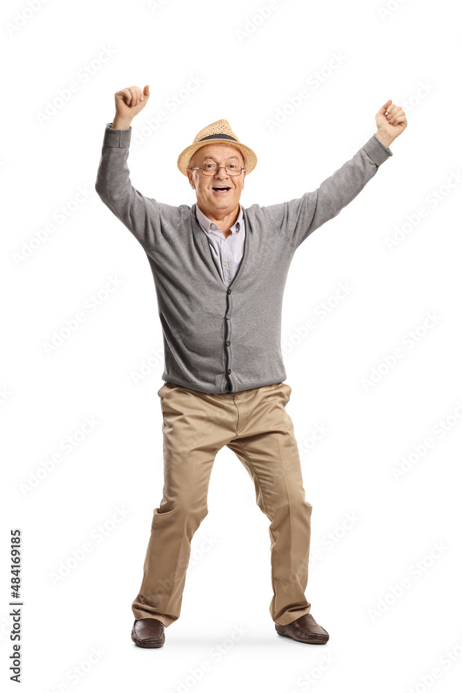 Full length portrait of a happy elderly man dancing with arms up Full length portrait of a happy elderly man dancing with arms up