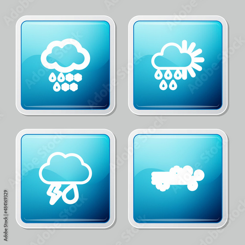 Set line Cloud with snow and rain, Cloudy sun, lightning and Wind icon. Vector
