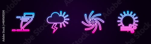 Set line Tornado  Storm  and Wind and sun. Glowing neon icon. Vector