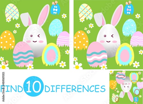 Game Find 10 differences for kids. Easter Bunny in cartoon style. Vector illustration.