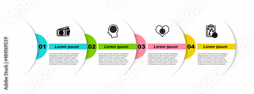 Set line Basketball game ticket, Thoughts on basketball, Heart with and Planning strategy. Business infographic template. Vector