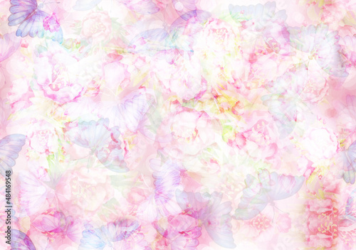 Seamless pink, bokeh background. Abstract flora and butterflies.