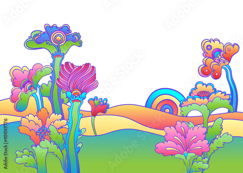 Colorful flowers and mushrooms pattern, retro 60s, 70s hippie style background. Vintage psychedelic textile, fabric, wallpaper. Vector magic floral illustration.
