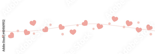 Pink hearts, ribbon and dots on white dark background seamless border. Vector illustration for patterns, banner, wedding invitation, packaging.