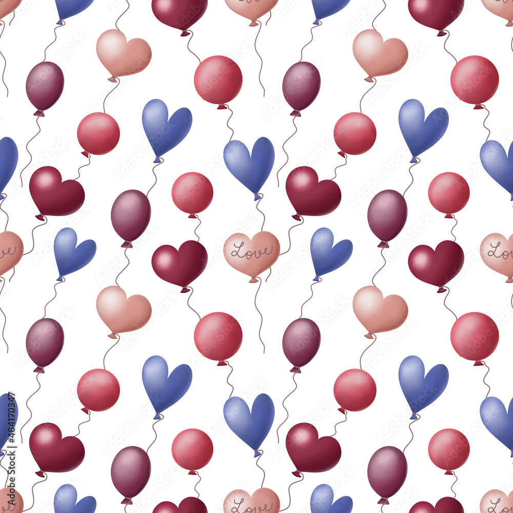 Hand drawn seamless pattern of ballon heart. Valentines day concept.