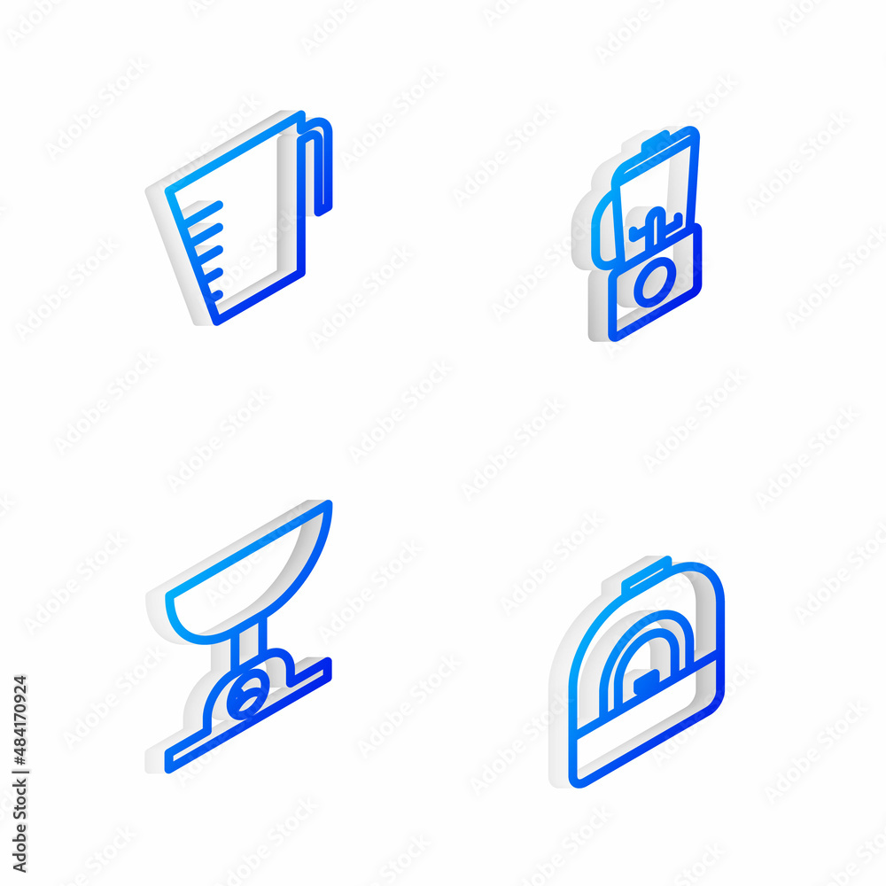 Set Isometric line Blender, Measuring cup, Electronic scales and Oven icon. Vector