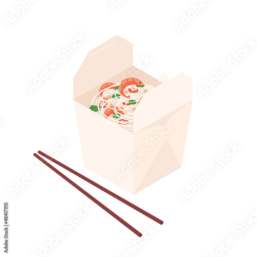 Noodle with shrimp, pad thai, pasta, takeout, to go - Isometric vector illustration in flat design. 
