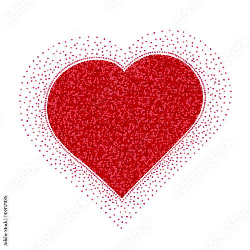 Big red heart shape made of small dots on white background. Design element, backdrop, frame, border, greeting card. Valentine's day, declaration of love, wedding. Free spase for text.
