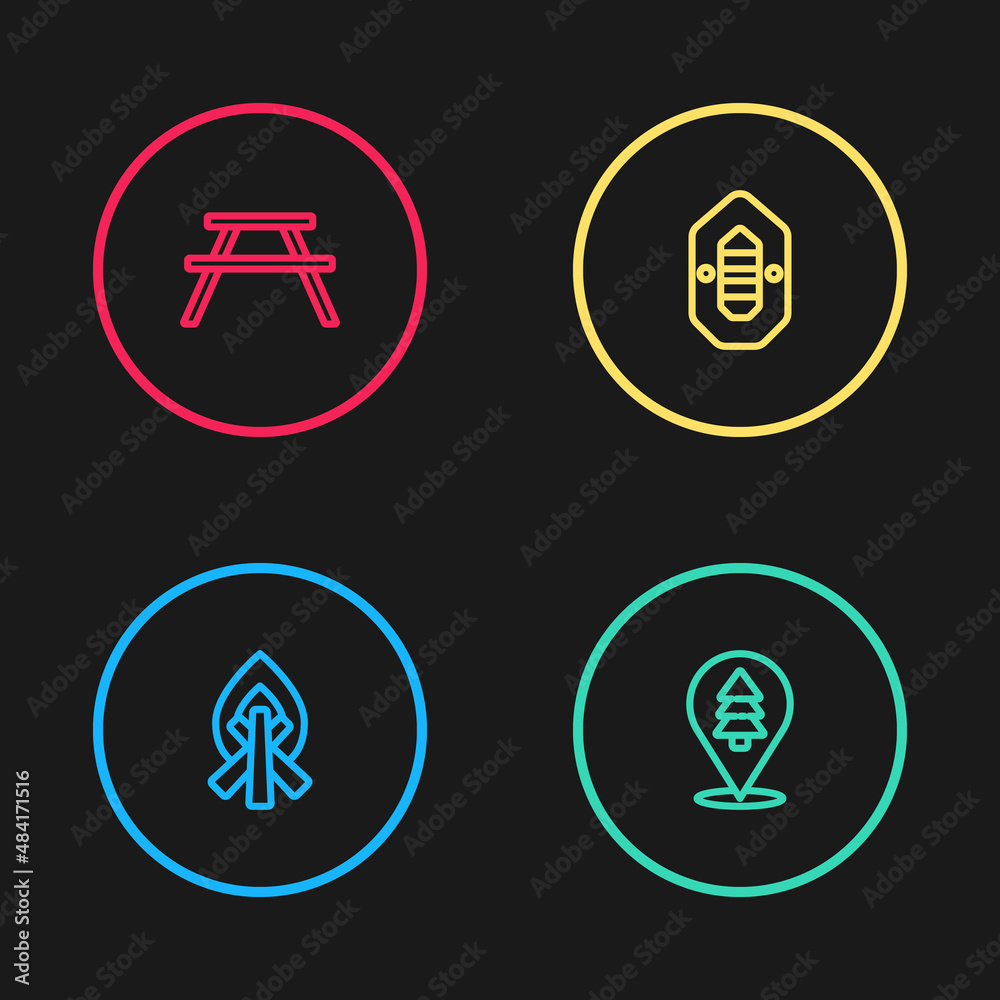 Set line Campfire, Location of the forest, Rafting boat and Picnic table with benches icon. Vector Set line Campfire, Location of the forest, Rafting boat and Picnic table with benches icon. Vector