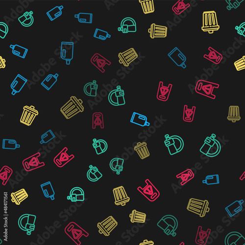 Set line Fabric softener, Dishwashing liquid bottle and plate, Trash can and Wet floor cleaning progress on seamless pattern. Vector