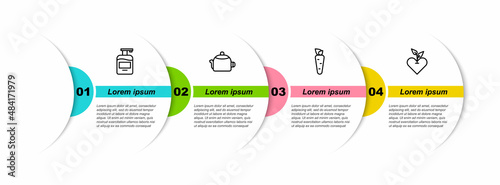 Set line Bottle of liquid soap, Kettle with handle, Carrot and Heart. Business infographic template. Vector