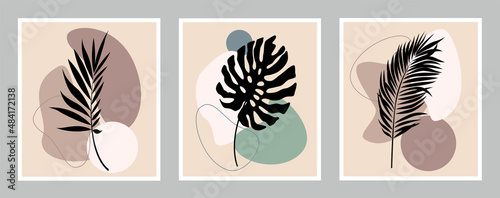 Abstract flower arrangements. Boho style templates. Bohemian prints with exotic leaves. Vector leaves