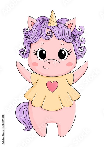 Cute little unicorn in yellow t-shirt with heart