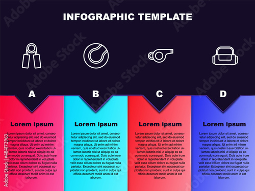 Set line Sport expander, Tennis ball, Whistle and bag. Business infographic template. Vector